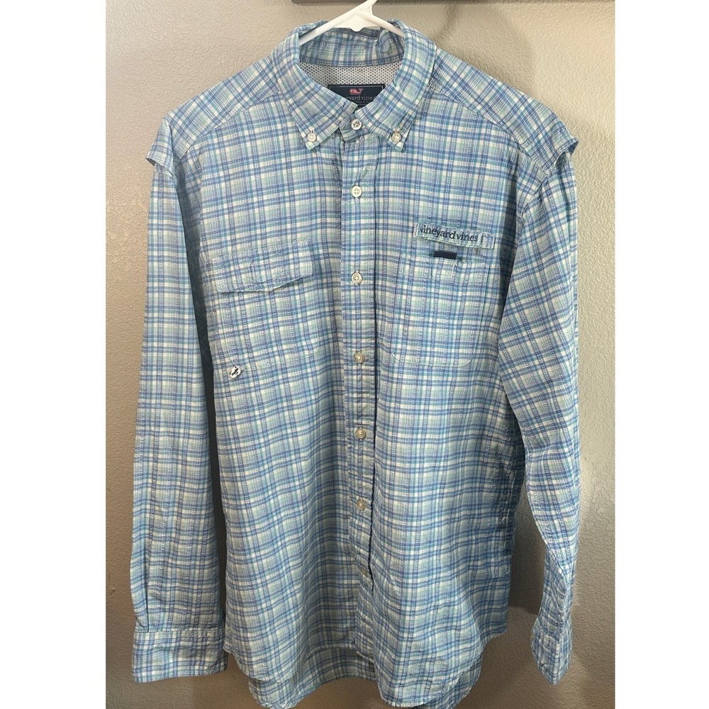 Vineyard Vines Mens M Harbor Shirt Blue Plaid Performance Fishing Long Sleeve